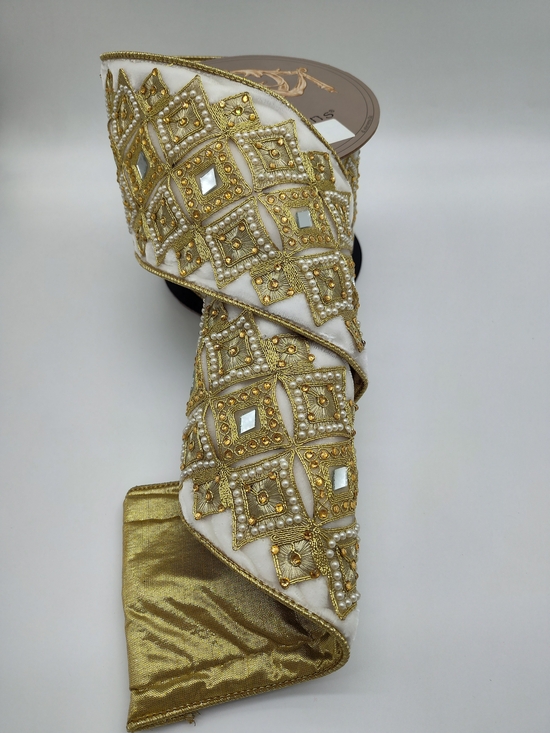 D. Stevens Other - D. STEVENS Padded Jeweled Mirror Pearl Velvet Ribbon Gold Ivory 5 Yards NWT